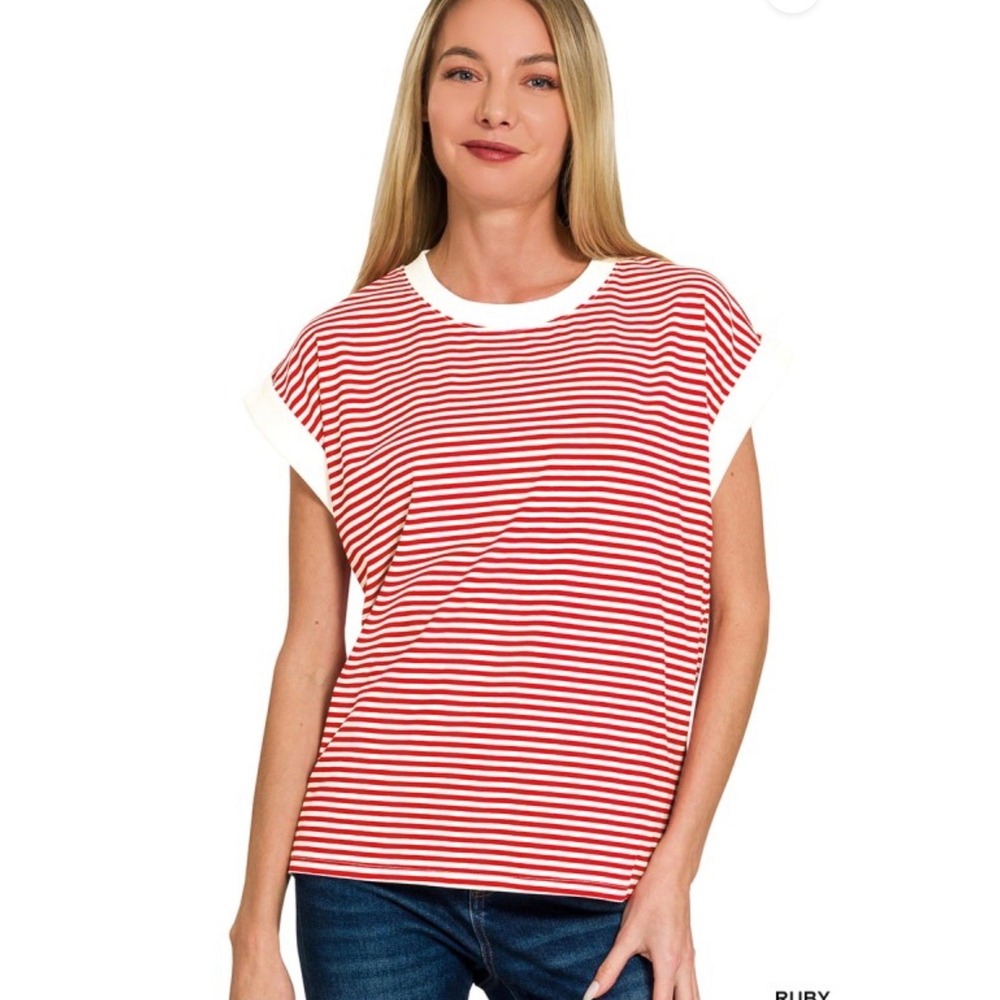 Ruby Rd Womens Red White Striped Cuffed Short Sleeve Crew Neck Top